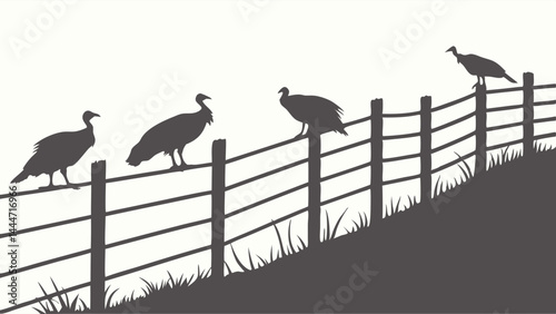 Highly detailed silhouette illustration of four wild turkeys perched on a rustic wooden fence on a grassy hill nature scene