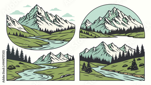 Vintage Illustrated Mountain River Forest Landscape Set - Hand Drawn Nature Outdoor Scenes