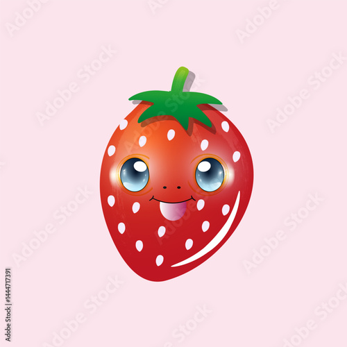A cute, cartoonish strawberry character features large, shiny eyes and a small smile