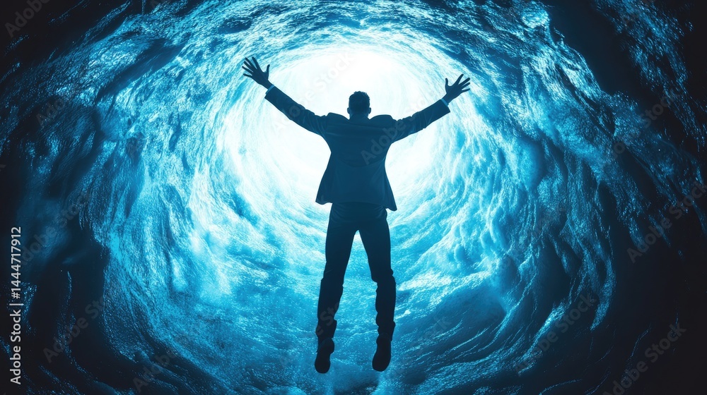 Fototapeta premium Hopes Embrace Mans Silhouette in Glacial Cave.