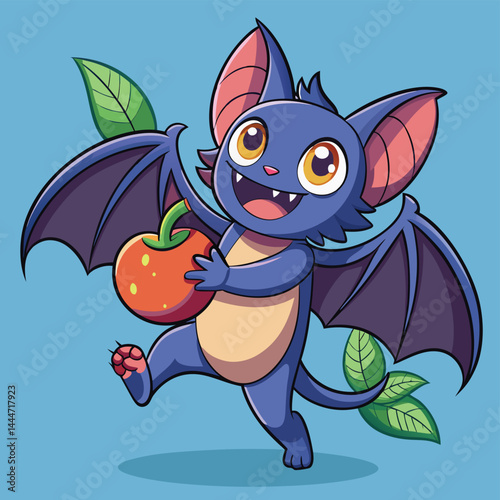 Enjoy a whimsical cartoon illustration featuring a cute bat delivering fresh fruits, adding a playful and healthy vibe to your designs.
