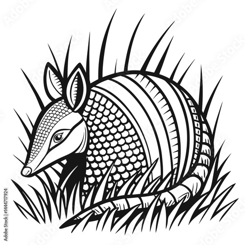 Armadillo In Grass, Black and White Artwork, Nature Illustration, Animal Silhouette