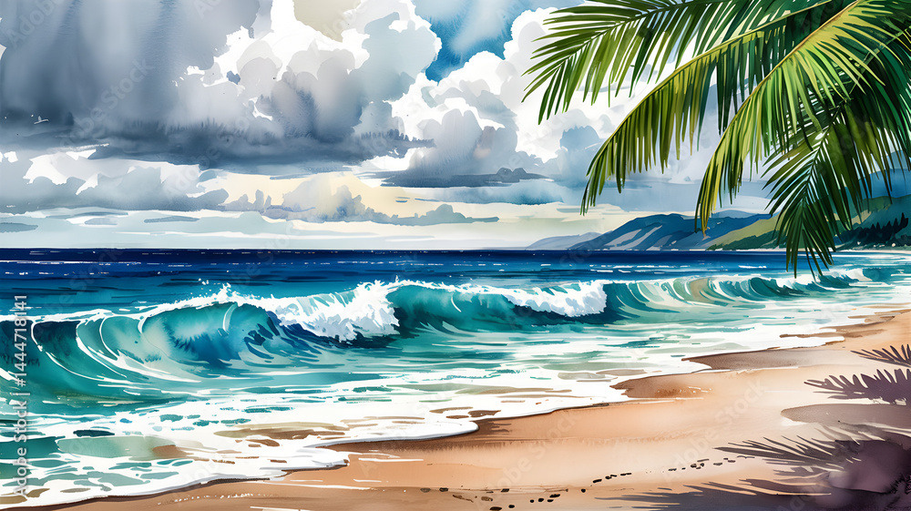 Fototapeta premium Tropical Paradise Watercolor: The tranquil image of a sun-kissed beach scene, capturing the essence of a serene escape.