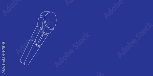 The outline of a large microphone symbol made of white lines on the left. 3D view of the object in perspective. Vector illustration on indigo background