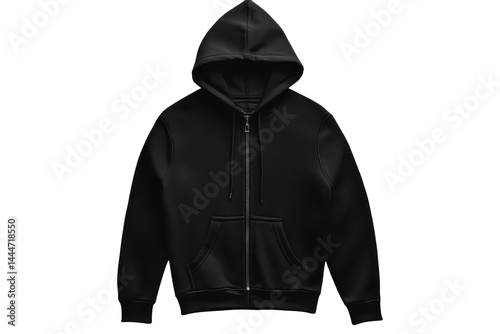 Classic black zip up hoodie with drawstring hood isolated cleanly on white for clothing brand visuals photo