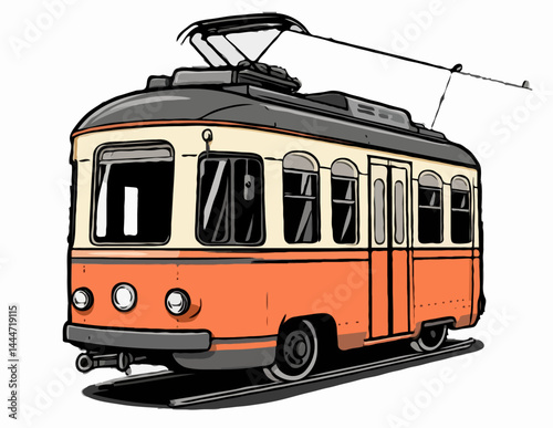 Vintage tram illustration in orange and cream colors  