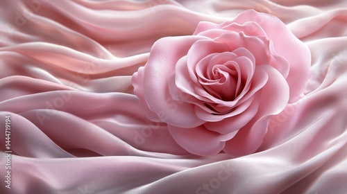 Delicate pink rose resting elegantly on smooth flowing fabric.