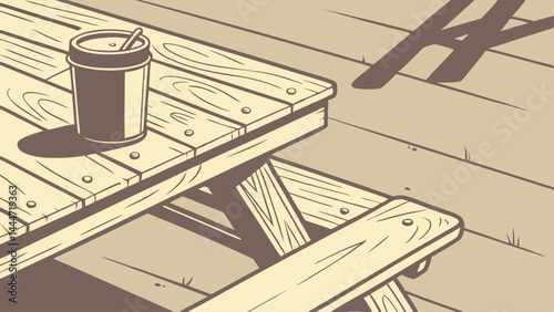 Sepia Tone Illustration of a Drink Cup and Straw on a Wooden Picnic Table