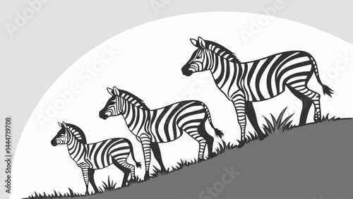 Black and White Drawing of Zebra Family Growing on a Grassy Slope Nature Wildlife Illustration