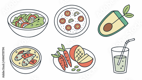 Healthy Eating Simple Line Drawing Icons - Salad Soup Avocado Fruit Vegetables Juice Set
