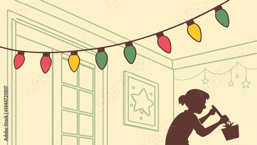 Silhouette girl preparing holiday decorations indoors under festive Christmas lights.