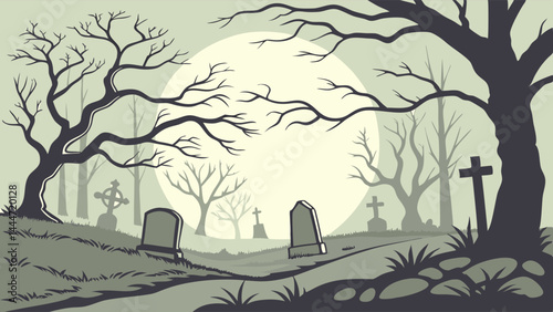 Spooky Halloween Graveyard Illustration Eerie Night Scene with Full Moon Bare Trees and Tombstones