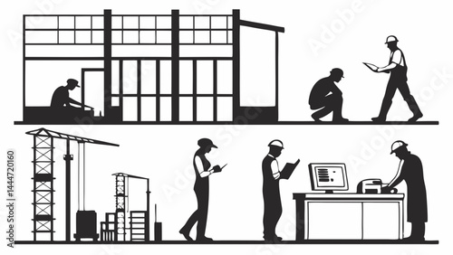 Black White Silhouette Illustration of Construction Site and Industrial Workers Building Planning Logistics Management Digital Technology