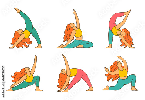 Set of six different woman yoga poses and stretching exercises. Health and wellness concept for fitness and meditation application.