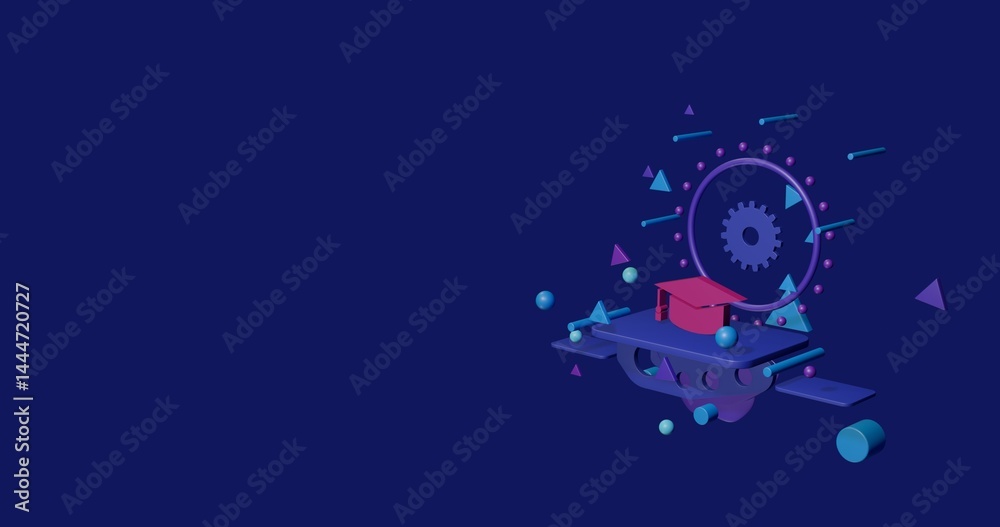 Obraz premium Pink square academic cap symbol on a pedestal of abstract geometric shapes floating in the air. Abstract concept art with flying shapes on the right. 3d illustration on indigo background
