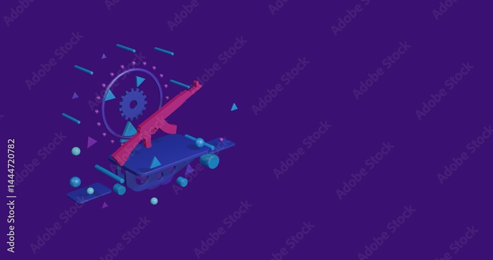 Obraz premium Pink assault rifle on a pedestal of abstract geometric shapes floating in the air. Abstract concept art with flying shapes on the left. 3d illustration on deep purple background