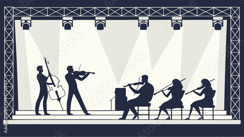 Silhouette String Orchestra Live Classical Music Performance on Stage with Bright Spotlights