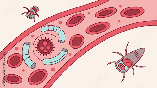 Cartoon Medical Illustration of Nanobots and Red Blood Cells in a Human Blood Vessel Nanotechnology Art