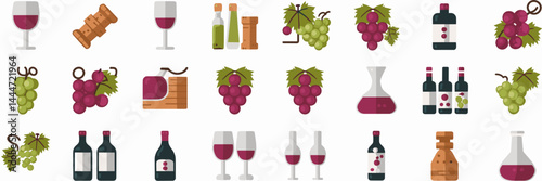 Vector wine-related icons sheet with glass, cork, grape, bottle, and decanter