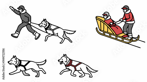 Simple Cartoon Illustration of Winter Dog Sledding with Huskies and People