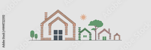 Vector illustration of house icons made of bricks – Great for home construction, building materials, or real estate industry content.