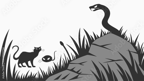 Monochrome Illustration Depicting a Cat and Mouse Encountering a Snake on a Rock in Tall Grass