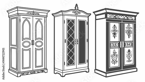 Detailed Line Art Illustration Set Featuring Three Elegant Ornate Antique Style Wardrobes Armoires with Decorative Details