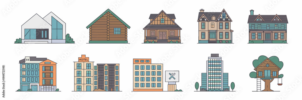 Vector icon sheet with different homes and buildings including Victorian house, cabin, apartment, and skyscraper – Perfect for urban design, real estate, and architecture content.