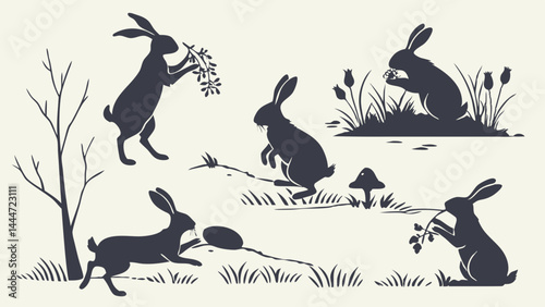 Black Silhouette Rabbits Hares in Nature Eating Running Playing Vector Illustration