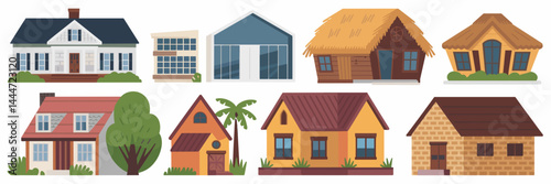 Vector illustration of a variety of house styles including colonial, modern, cabin, and bungalow – Perfect for home design, architecture, and real estate marketing.