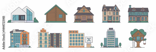 Vector icon sheet with different homes and buildings including Victorian house, cabin, apartment, and skyscraper – Perfect for urban design, real estate, and architecture content.