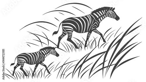 Black and white illustration of two zebras, adult and young, walking through tall savanna grass.