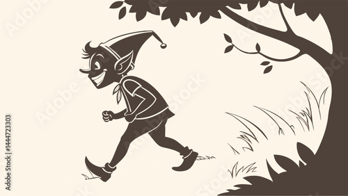 Happy Elf Running Silhouette in Forest Vintage Illustration