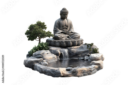 Buddha statue on a bassin in a garden isolated on transparent background
