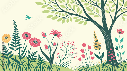 Whimsical spring garden illustration featuring colorful flowers, lush green grass, a large tree, and a blue bird flying