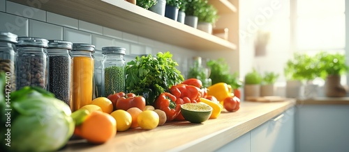 Fresh produce on kitchen counter, sunlight, healthy