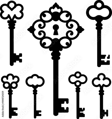 Collection of ornamental skeleton keys vector silhouettes set on white background