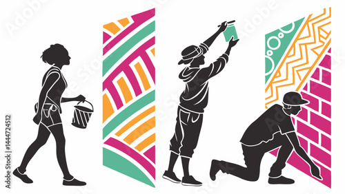 Silhouette vector graphic illustration of people painting decorative wall patterns for a community mural