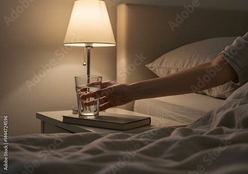 Nighttime Hydration: Reaching for a Refreshing Glass of Water on Bedside Table