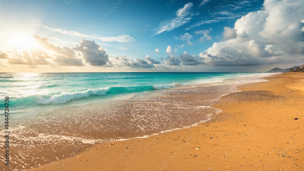 Beautiful natural sunset on the sea coast. Waves rolling onto the golden sand of the beach against the backdrop of atmospheric sky and sun.