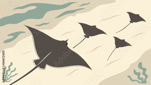 School of Manta Rays Gliding in Vintage Ocean Illustration - Retro Marine Art