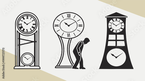 Black and White Illustration of Different Clocks Grandfather Tower and Standing Clock with Person Time Concept