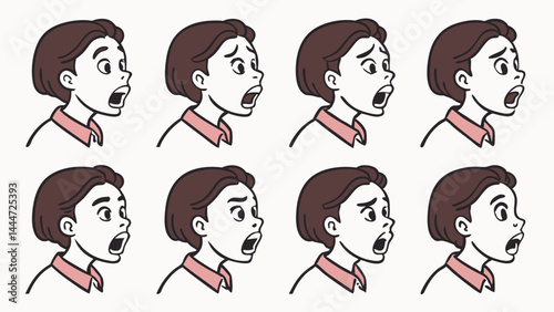 Set of 8 simple cartoon illustrations of a person's face showing surprised shocked and scared expressions