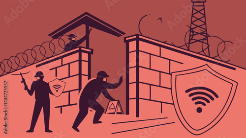 Internet Censorship and Digital Surveillance Guards Wall WiFi Shield Illustration