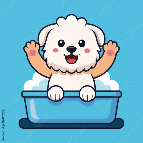 Discover an adorable cartoon icon of a Bichon Frise dog enjoying bath time, waving its paws in a bathtub, capturing the essence of playful pet moments