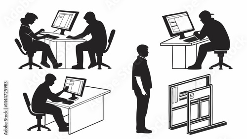Black and white illustration of office worker silhouettes using computers standing person and document rack