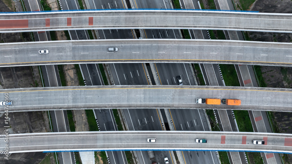 Aerial view highway intersection road, Business logistic transport infrastructure logistic transport, Highway road traffic important infrastructure business logistic import export cargo industry.