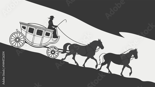 Black and White Silhouette of a Stagecoach Pulled by Two Horses Going Uphill