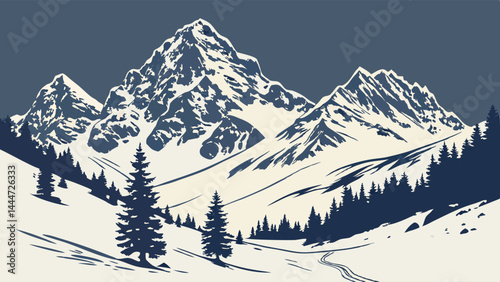 Minimalist Vector Illustration of a Snowy Mountain Winter Landscape Scene with Pine Trees and Snow Covered Slopes