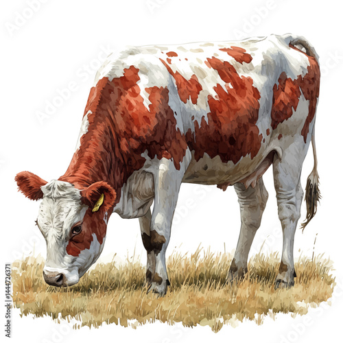 illustration of Cow Grazing In A Meadow, watercolor vector, isolated on a white background.